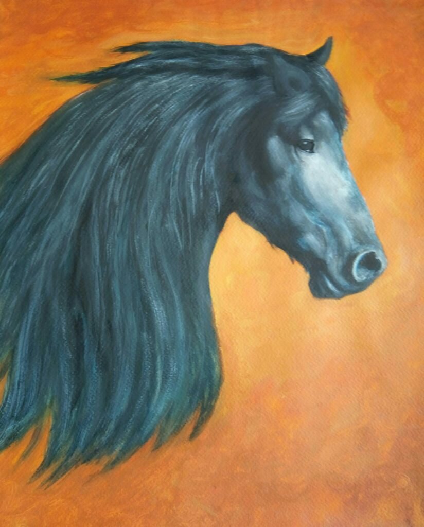Painting of black horse's head and neck