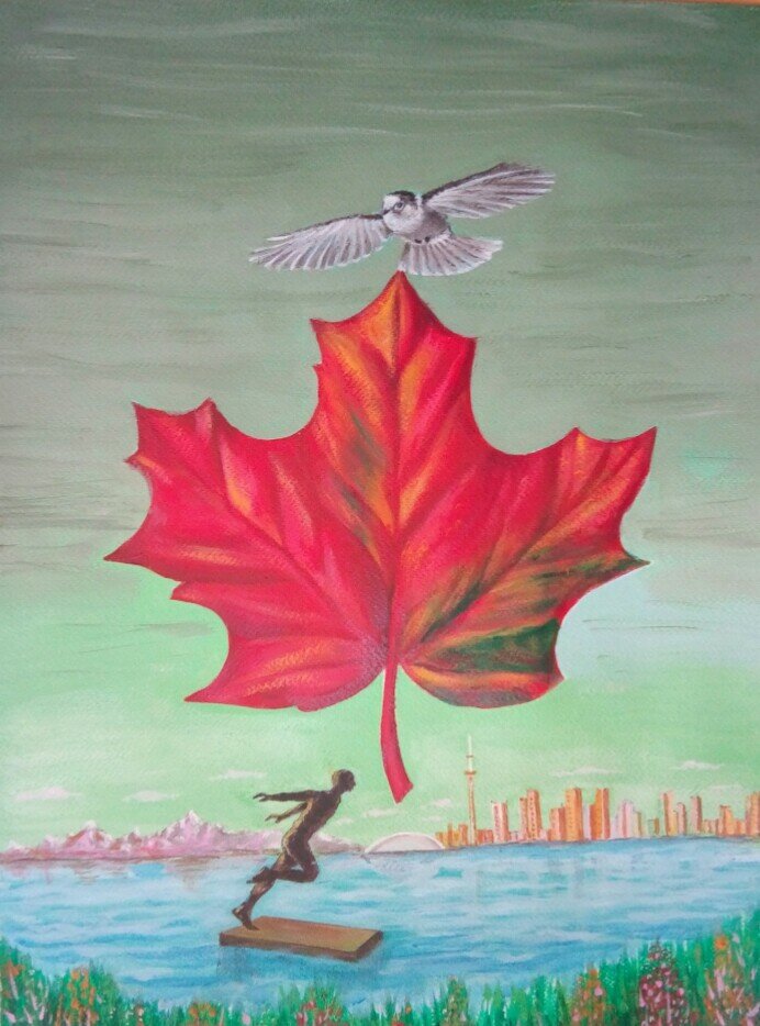 A symbolic representation of Canada ... a dove, a maple leaf, a surfer