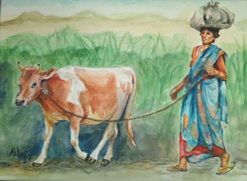 Painting of a farming lady with a cow