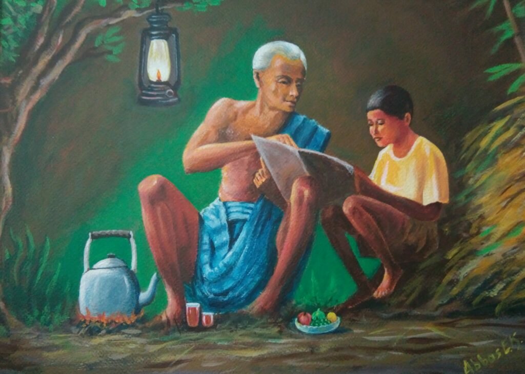 Painting of father teaching his son