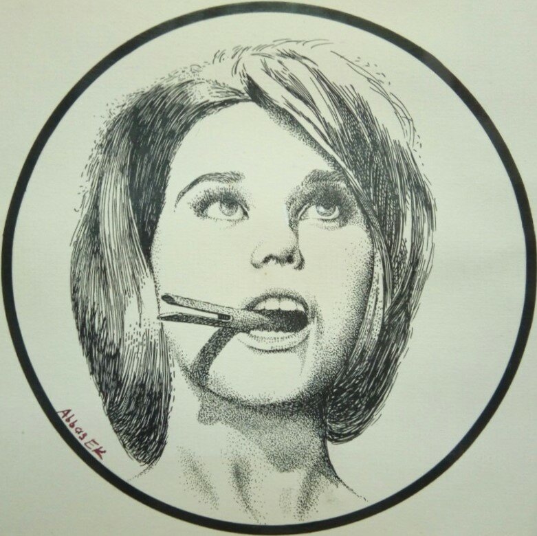 Portrait in black ink of girl hold a clip in her mouth