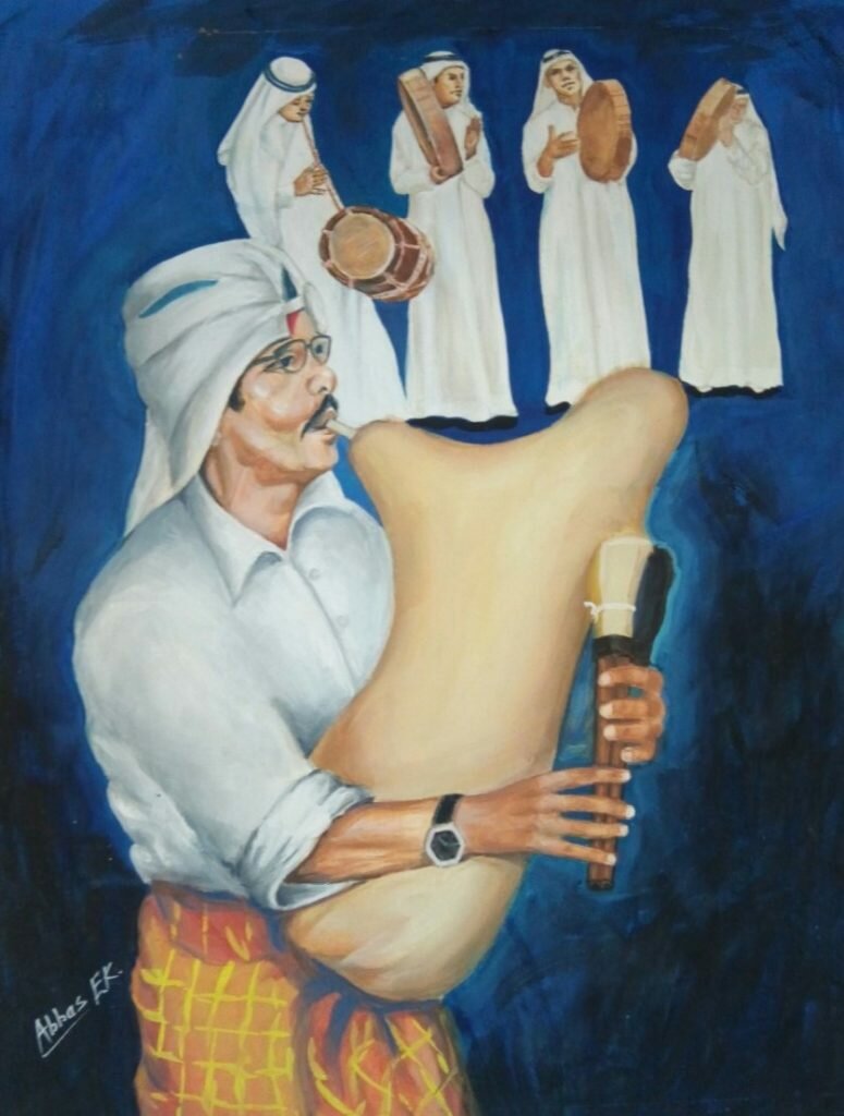 Group study of five Kuwaiti musicians playing Arabic bagpipes, a drum and tambourines