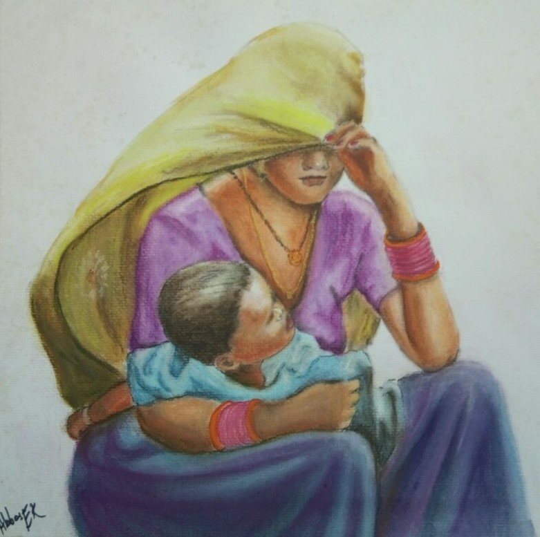 Portrait of a mother with her child on her lap