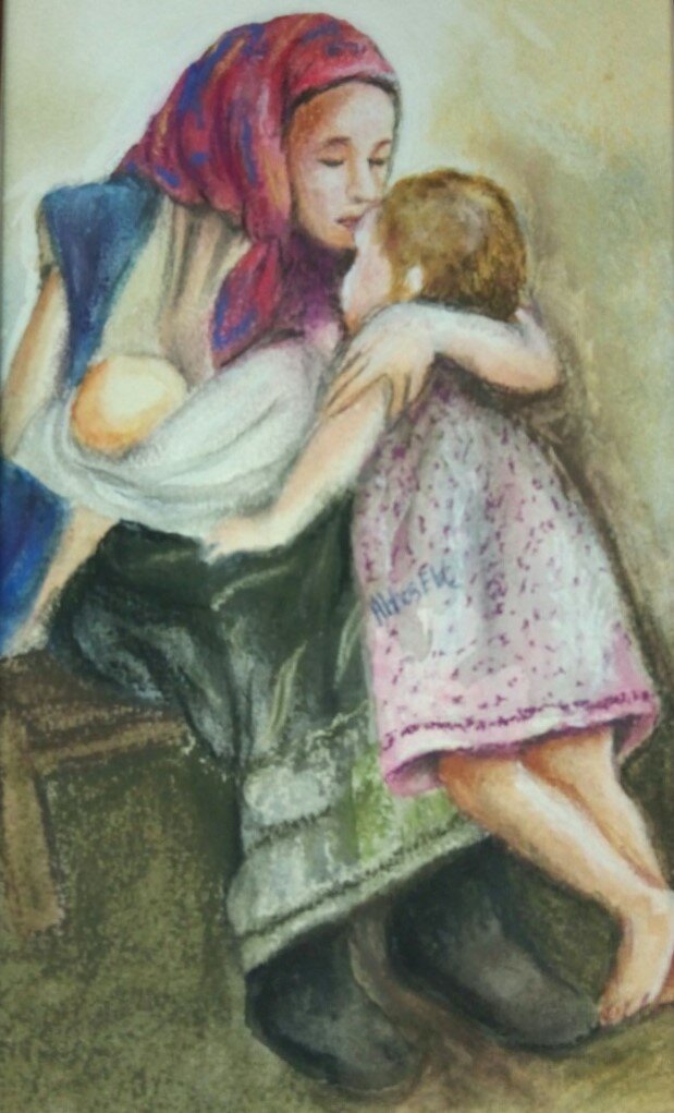 Figures of Mother holding baby and kissing child