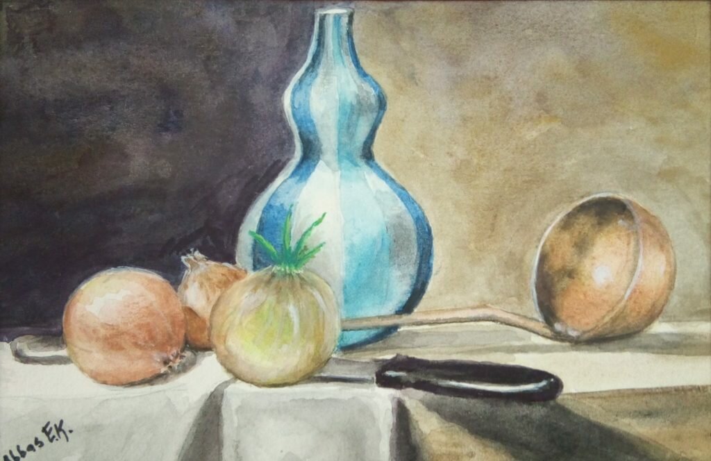 Still life study of some onions and a jar