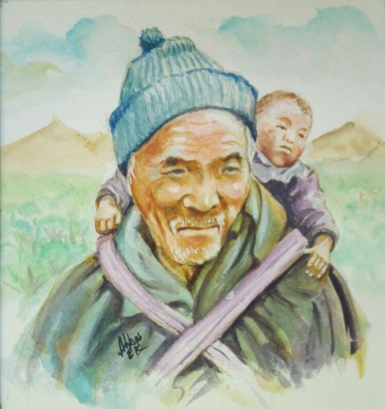 Portrait of a Sherpa with an infant on his back ready to climb a mountain