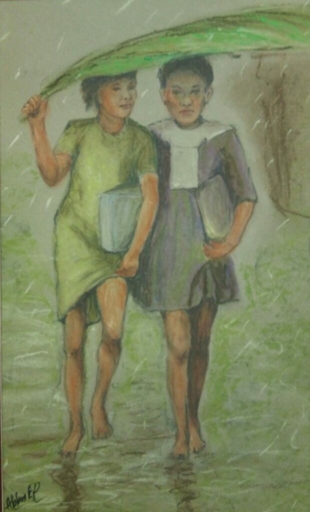 A painting of two sisters walking with school books in the rain holding a large palm leaf as an umbrella