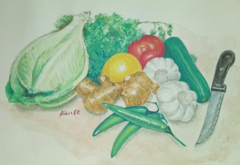 Still life of vegetables and knife ready for chopping