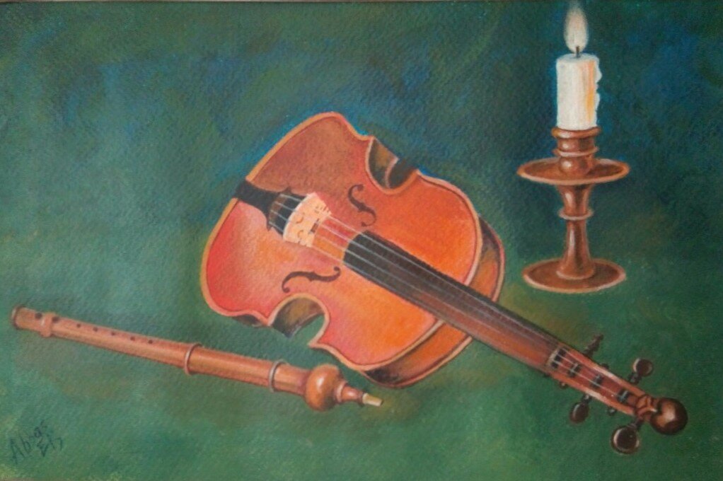 Still-life of violin, candle and flute
