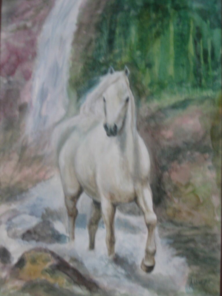 Nature study of a white horse against a waterfall
